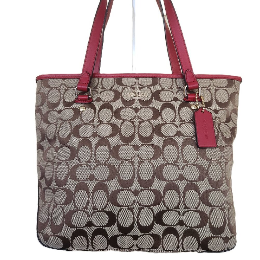 Like New Coach City Signature Khaki & Red Leather Shoulder Bag Purse Satchel